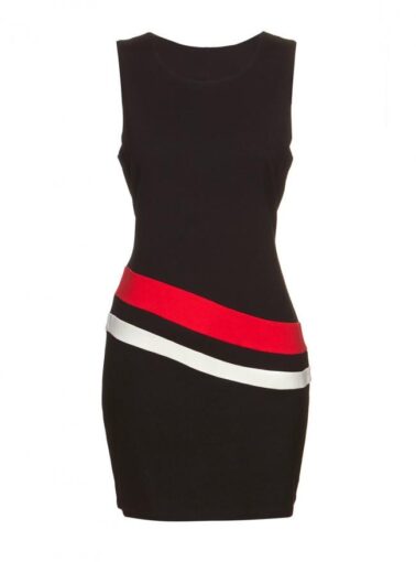 VESTIDO PRETO COM LISTRAS BRANCA E VERMELHA